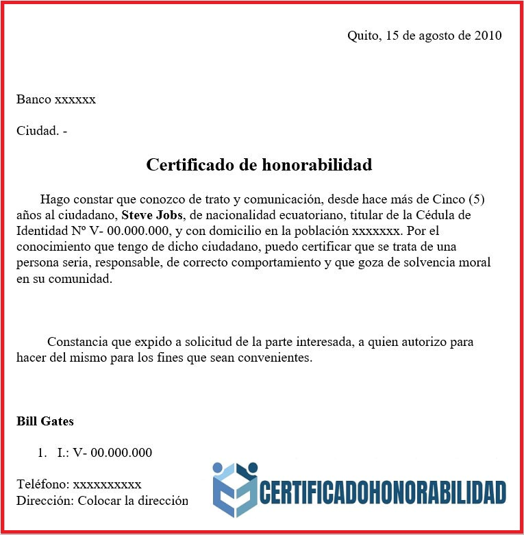 Certificado de honorabilidad para un banco
